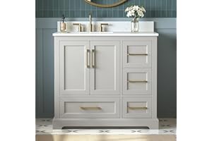 DELUXE LIVING 36 Inch Bathroom Vanity with Sink Combo, Solid Wood Frame with Mable Top &Backspalsh, Fully-Assembled with Soft-Closing Doors & 4 Drawers, Greige