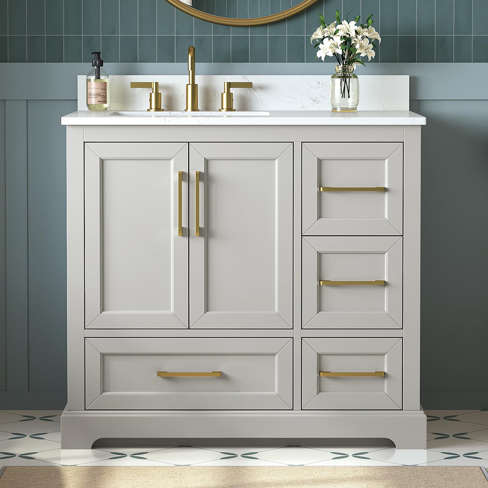 Photo 1 of DELUXE LIVING 36 Inch Bathroom Vanity with Sink Combo, Solid Wood Frame with Mable Top &Backspalsh, Fully-Assembled with Soft-Closing Doors & 4 Drawers, Greige