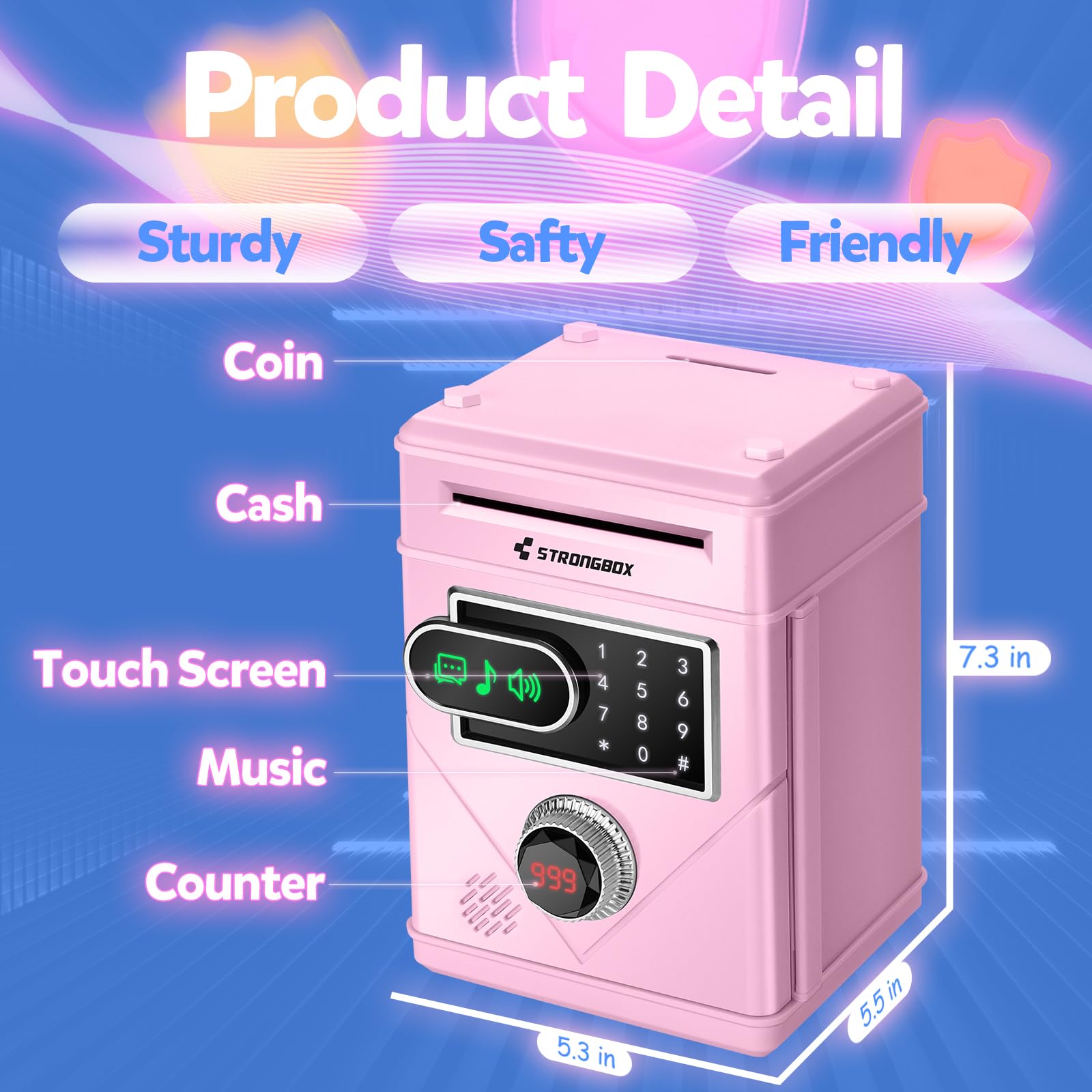 Refasy Touchscreen Piggy Bank ATM Bank Toy for Kids Age 3-12, Electronic Money Bank Coin Bank with Music Kids Safe Birthday Xmas Gifts Toys for 3 4 5 6 7 8 9 10 11 12 Year Old Boys Girls (Pink)