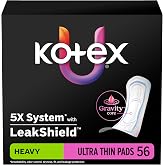 Kotex Ultra Thin Pads, Heavy, 56 Count | Period Pad, Breathable Soft Touch Cover, Made Without Fragrance, Clean &amp; Dry Feel, LeakShield Protection, Gravity Core