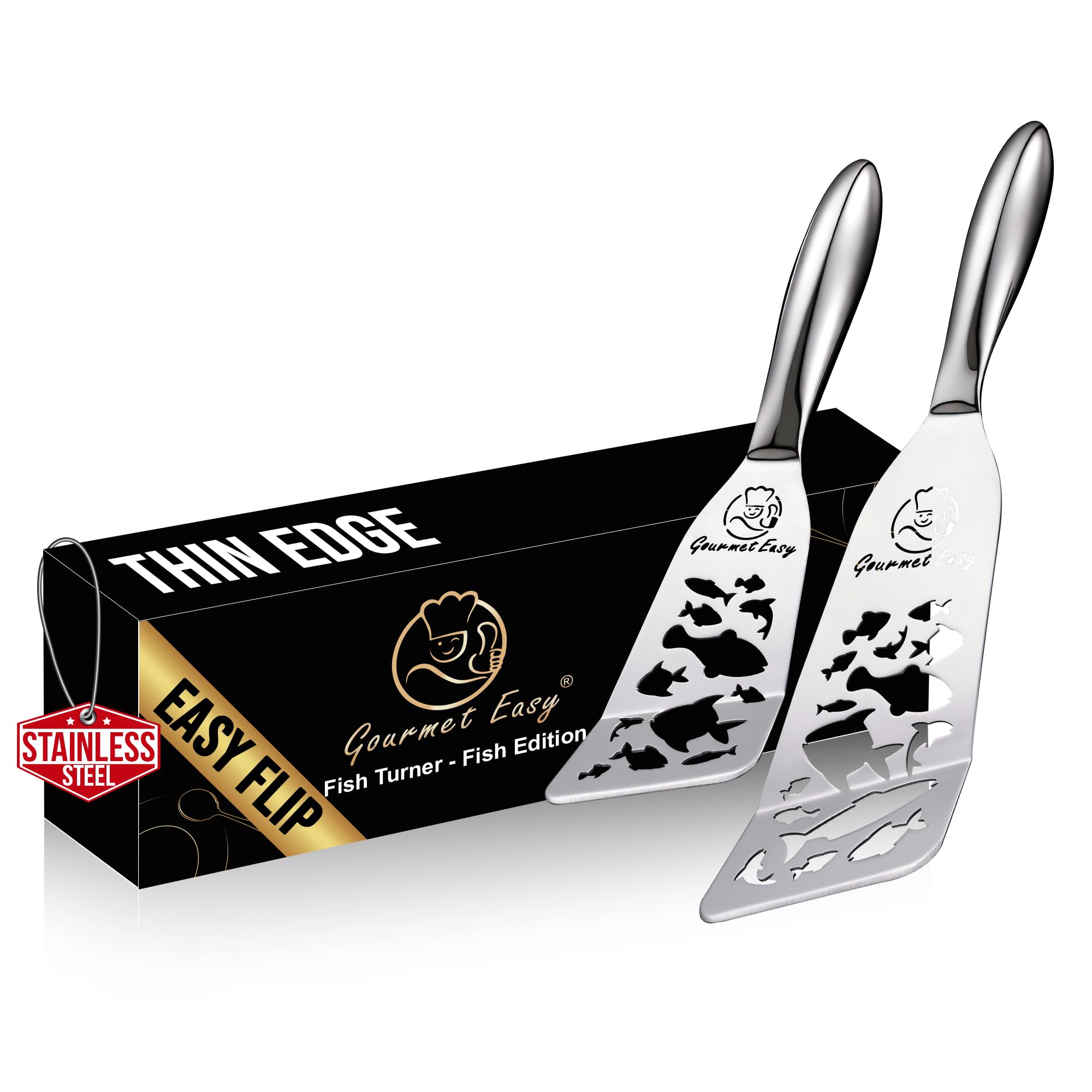Stainless Steel Fish Spatula Set – Funky Fish Edition, 1 Large Fish Turner + 1 Small Metal Spatula, Ultra Thin Edge for Easy Turning & Flipping, Ergonomic Non-Slip Handle, Dishwasher Safe Image