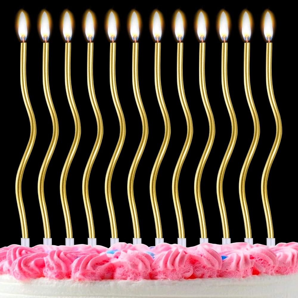 LFBEST 12 Pieces Twisty Gold Birthday Candles with Holder Cake Decoration