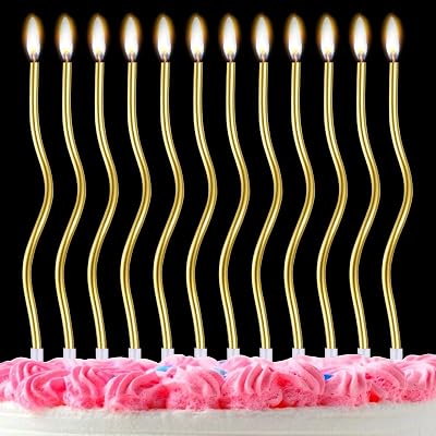 LFBEST 12 Pieces Twisty Gold Birthday Candles with Holder Cake Decoration