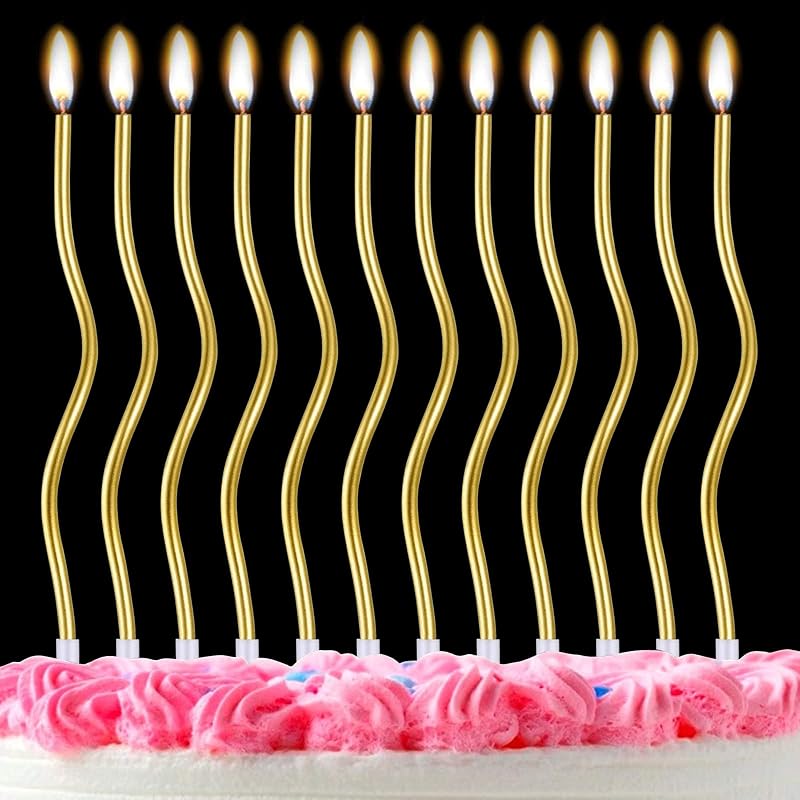 LFBEST 12 Pieces Twisty Gold Birthday Candles with Holder Cake Decoration