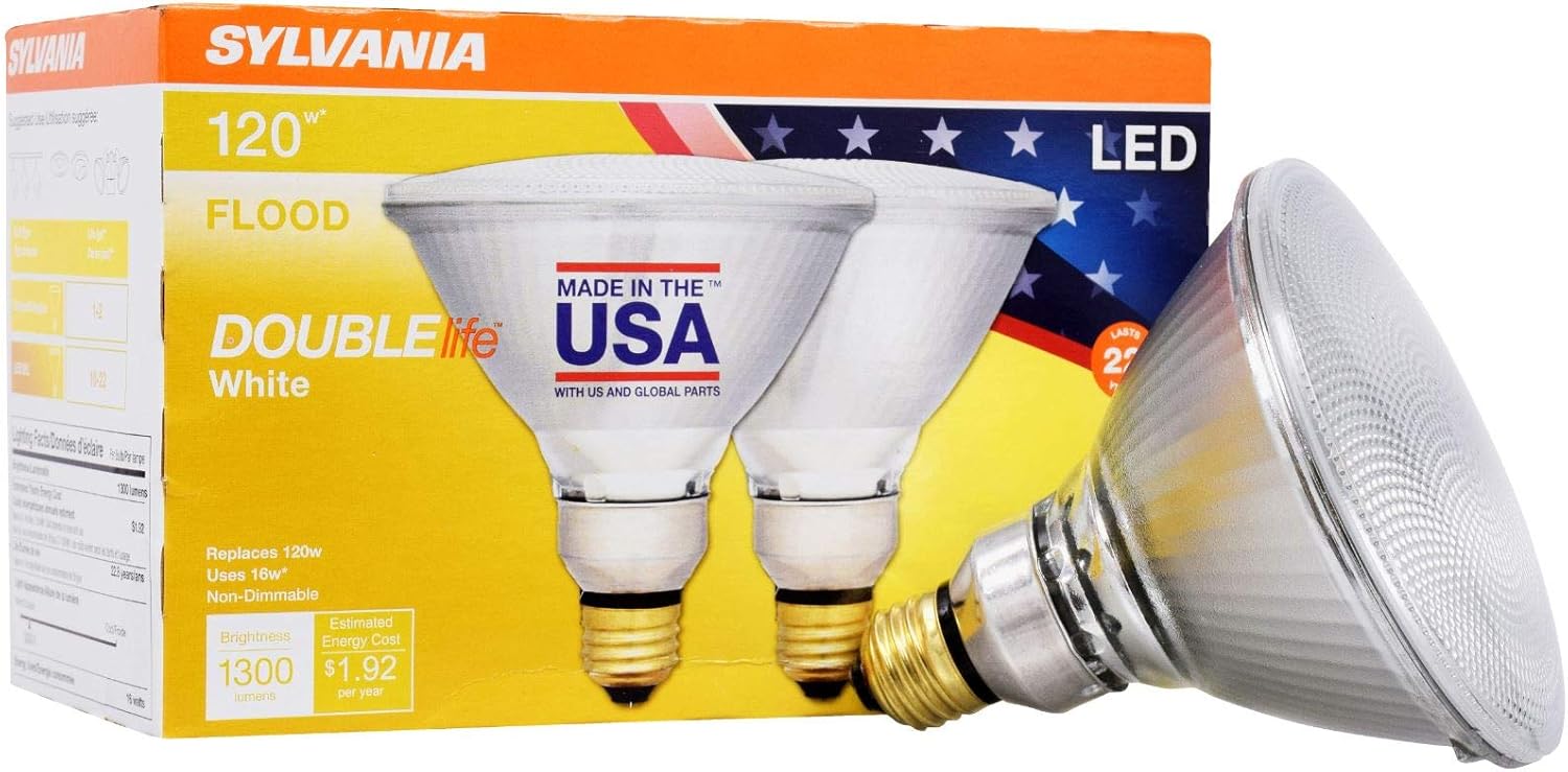 SYLVANIA General Lighting 40244 Sylvania 120 Watt Equivalent, PAR38 LED Light Bulbs, Non-Dimmable, Color 3000K, Made in The USA with US and Global Parts, 2 Pack, Bright White