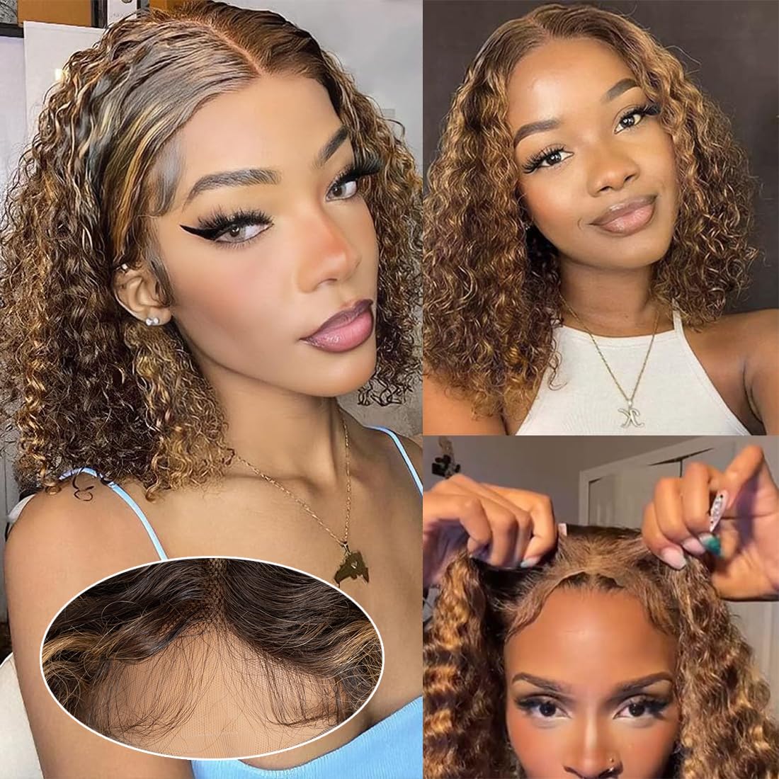 Short Kinky Curly Lace Front Wig 10 inch Bob Deep Curly 13X4X1 HD Lace Front Wig for Women Brazilian Virgin Human Hair Wigs with Bangs Natural Looking TTF4/27-1