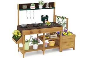 KOTEK Mud Kitchen, 45.5" Wide Wooden Outdoor Play Kitchen with Plant Growing Box & Trellis, Real Faucet, Removable Sink, Stov