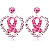 Breast Cancer Awareness Earrings Beaded Pink Ribbon Earrings for Women Glitter Rhinestone Heart Drop Dangle Earrings Statement Breast Cancer Survivor Jewelry Gifts (Crystal)