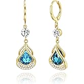 Trendy Sapphire Huggie Small Hoop Earrings with Hypoallergenic Blue Topaz Birthstones, 14K Gold Plated Teardrop Dangle Earrings for Women, Blue Crystal Jewelry for Daily & Occasions