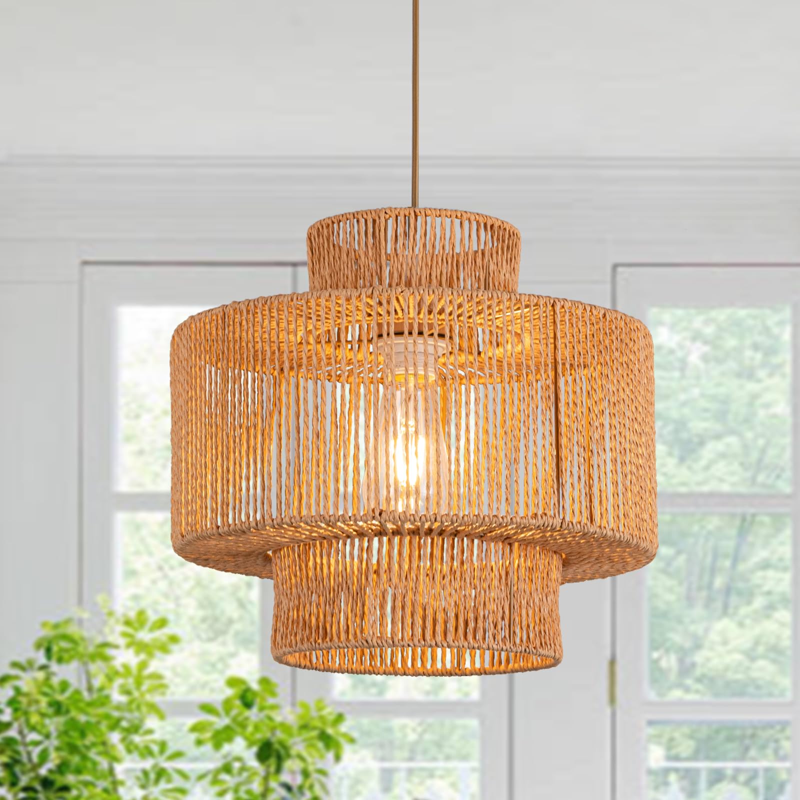 Photo 1 of DSLITING Rattan Pendant Light Boho Chandelier for Dinning Room Bohemian Hanging Lights 3-Tier Rattan Chandelier Basket Light Woven Light for Bedroom Entrance Hallway Kitchen Island Light Fixture