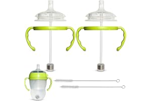 BELBEYO Straw Cup Conversion Kit for Comotomo Baby Bottles 2-Count, Food Grade Silicone Straw Nipples, All Silicone Weighted Straw, Bottle Handles and Cleaning Brush, BPA Free, 6+ Months (Straw Top, Green)