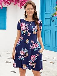 KORSIS Summer Dresses for Women Pink Flower Navy