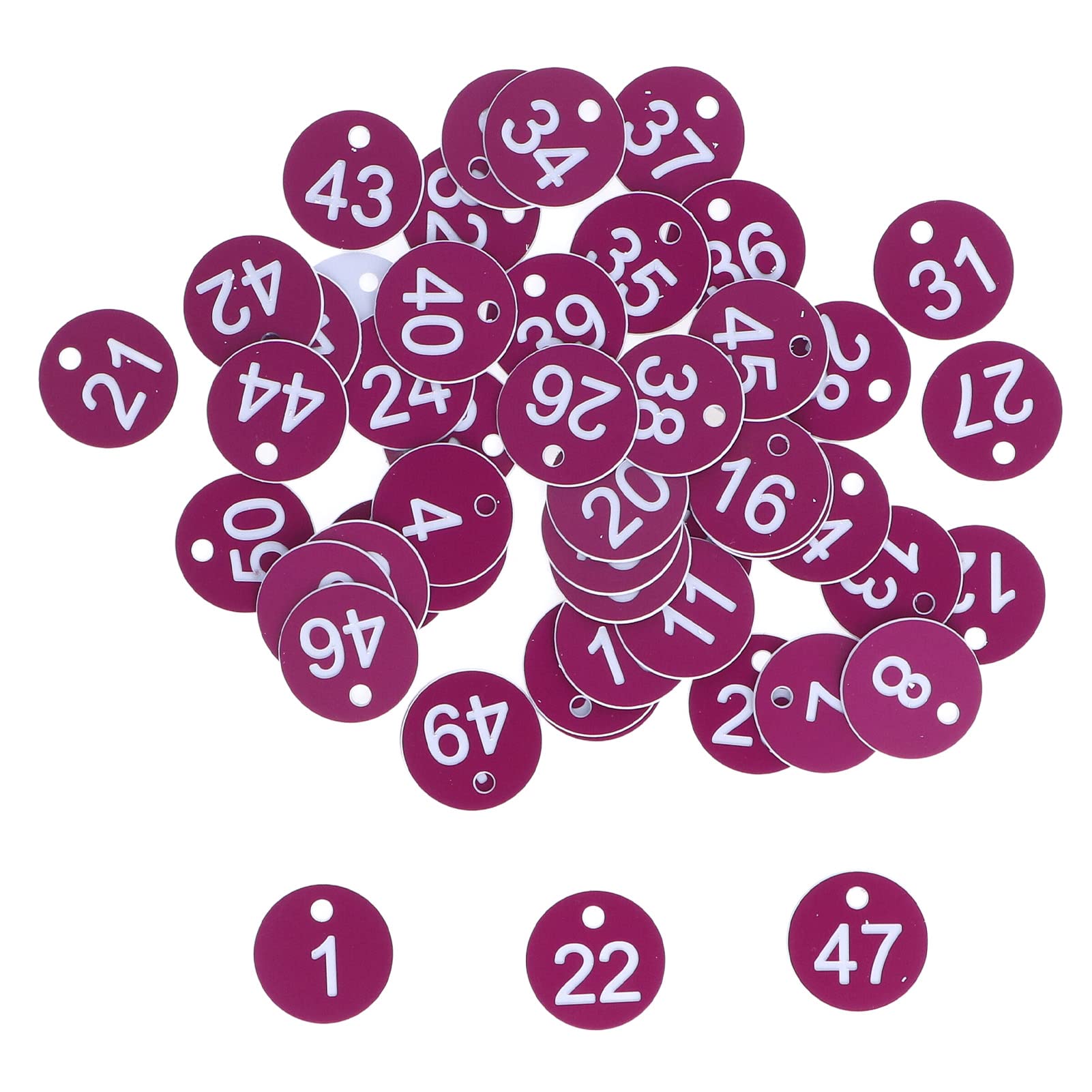 Plastic Number Tags 1-50, 50 Pcs Engraved Numbered Tags Waterproof Numbered Key Tags with 4mm Hole Round ID Labels for Table Numbers, Hotel, Inventory Management, Beekeeping Supplies(Purple)