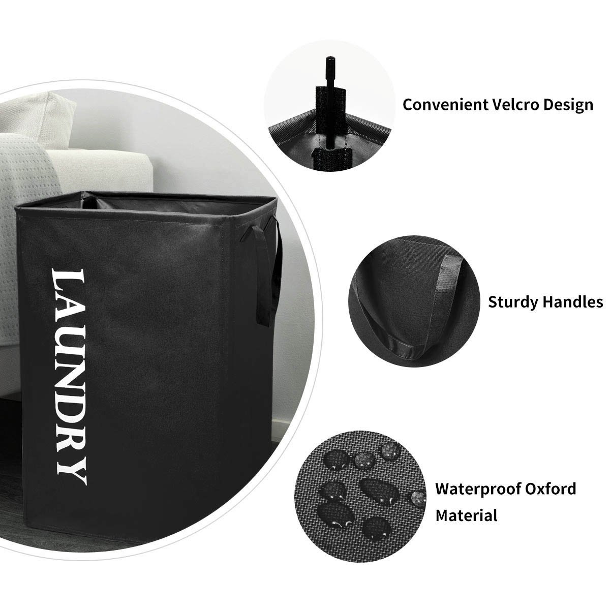 Chrislley Foldable Laundry Basket Large Standing Handy Rectangular Laundry Bin 600D Oxford Fabric Waterproof Laundry Hamper 73.6L (Black)