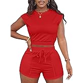 LovelyWholesale Short Sets for Women 2 Piece Summer Sets Cap Sleeve Crop Tops and Shorts Tracksuits Sets