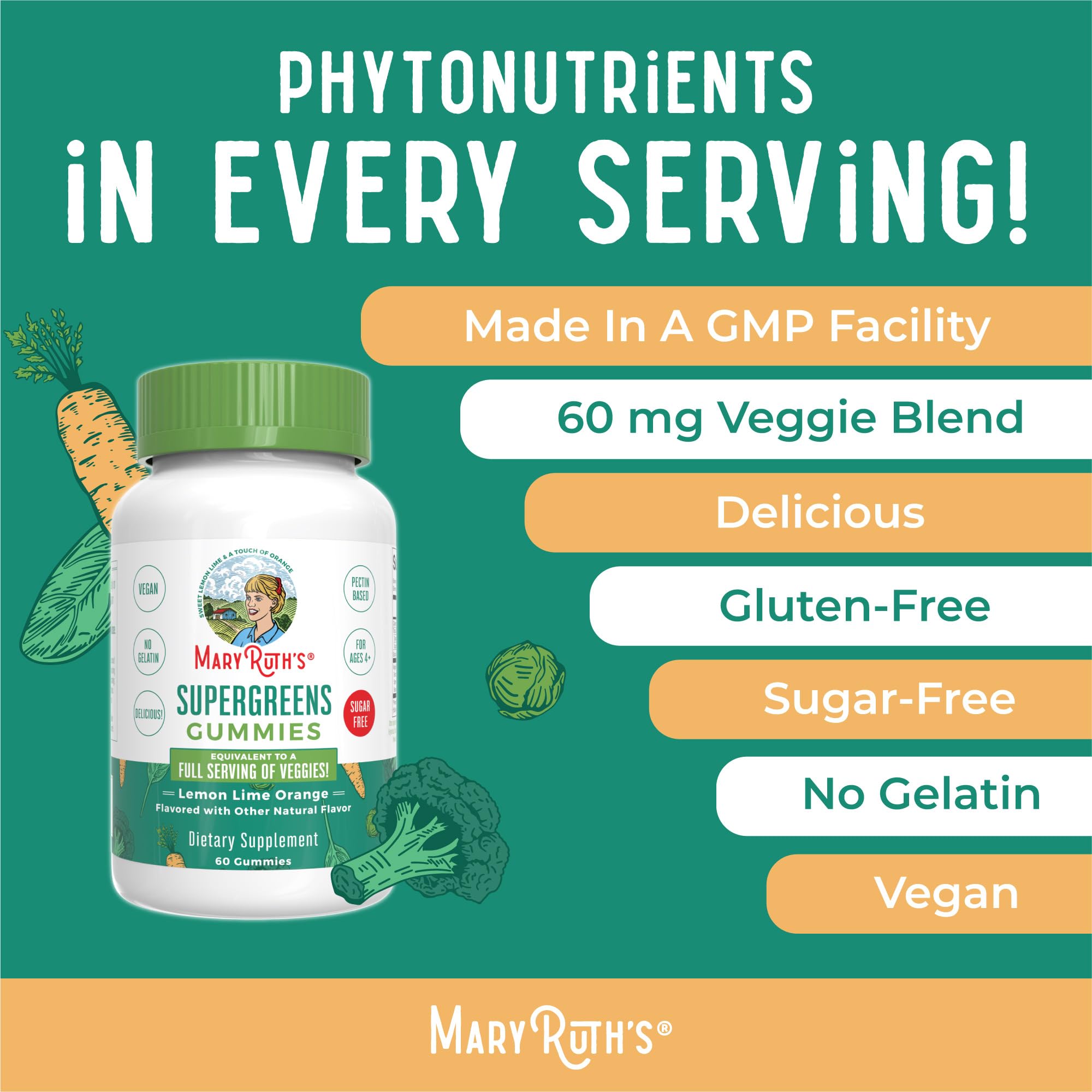MaryRuth Organics Super Greens Gummies | Naturally-Occurring Quercetin for Adults and Kids Ages 4+ | Sugar Free | 2g Fiber Per Serving | Vegan | No Gelatin | Pectin Based | 60 Count | 30 Servings