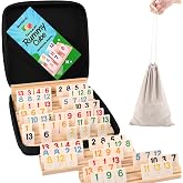 Demteric Rummy Cube Game, 6-8 Players, 240 Tiles, 8 Holders, 6 Colors | Melamine Tiles, Wooden Racks, Portable Travel Case, Drawstring Bag &amp; Dice Included, Holiday Gatherings, Kids Adults