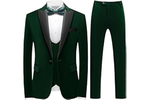 KUDORO Mens Velvet 3 Piece Suits Slim Fit Peaked Lapel One Button Tuxedo Dinner Jacket Vest Pants Suit Set
