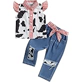 Lefyira Cowgirl Outfit Toddler Jean Pants Set Cow Print Button Up Shirt Ruffle Sleeve Bell Bottoms Western Baby Girl Clothes