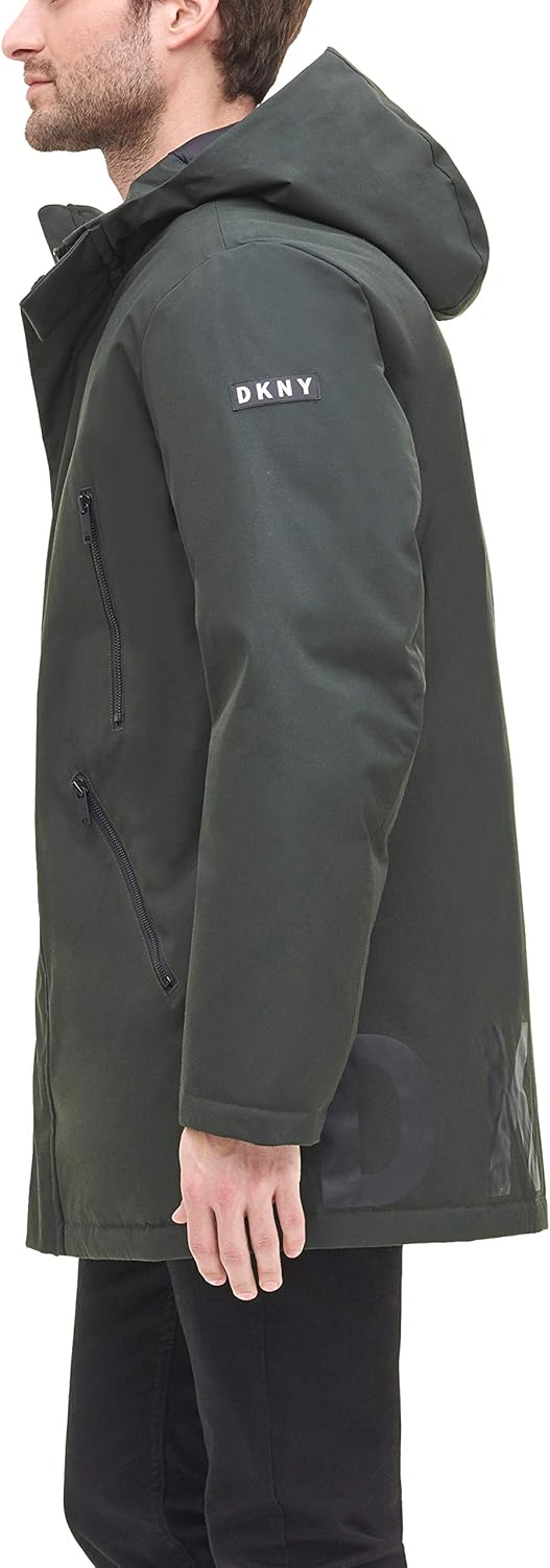 DKNY Men's Water Resistant Hooded Logo Parka Jacket at  Men’s Clothing store