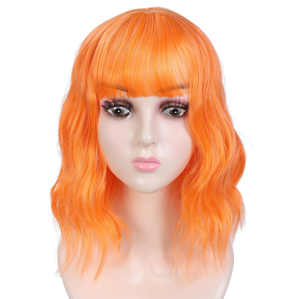 Chisu Short Bob Wig with Fringe Wavy 14 inches Synthetic Wigs For Women Orange Color