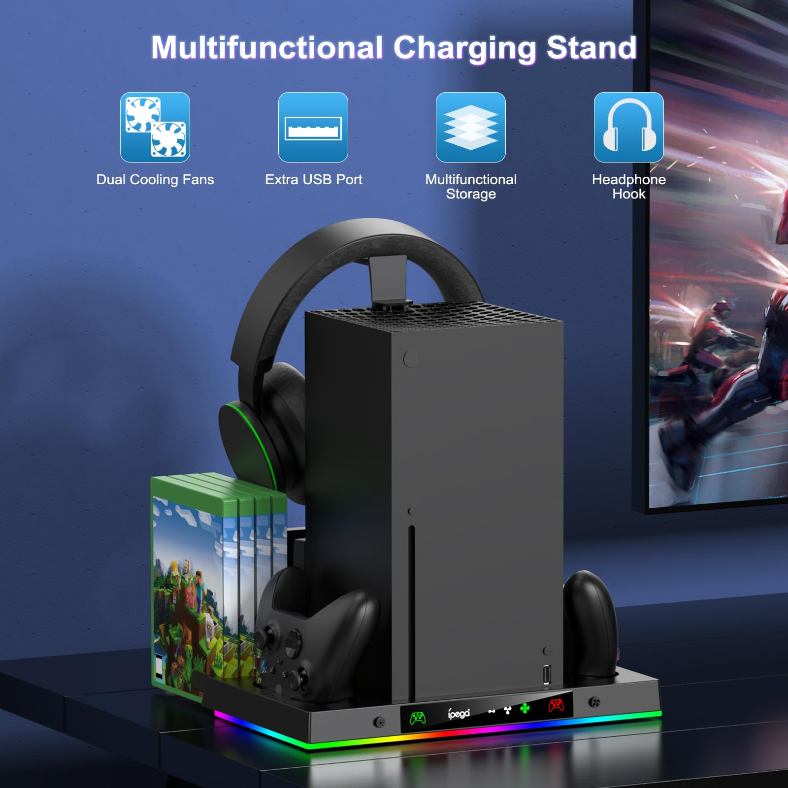 LED Cooling Stand and Charging Station for Xbox Series X Console ＆ Controller, Cooling Fan Station for Xbox Series X Accessories with 2X 1400mAh Rechargeable Controller Battery Pack, 15 Light Modes
