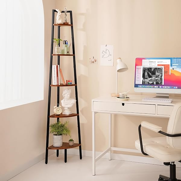 YOOBURE CORNER SHELF, 5-TIER CORNER BOOKSHELF WITH METAL FRAME & WOOD LADDER SHELVES – DISPLAY SHELF & TALL BOOKCASE, PLANT STAND FOR HOME DECOR – BEDROOM, LIVING ROOM, OFFICE