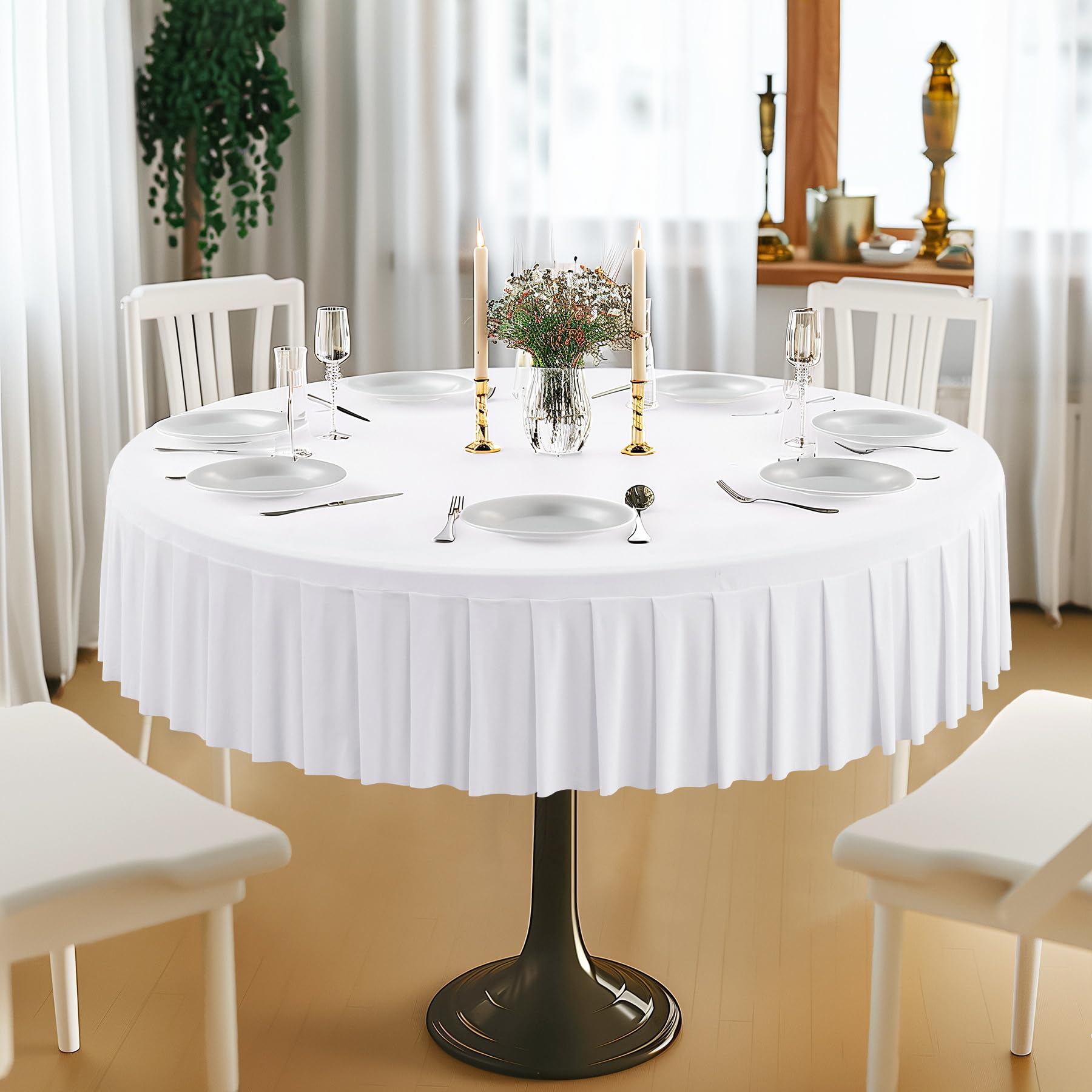 Photo 1 of 1 Pack White Spandex Round Tablecloths for 60 inch Tables, Stretchy Fitted 5FT Round Table Cloths,Wrinkle Free Table Cover with Skirt for Wedding Party Dining Banquet