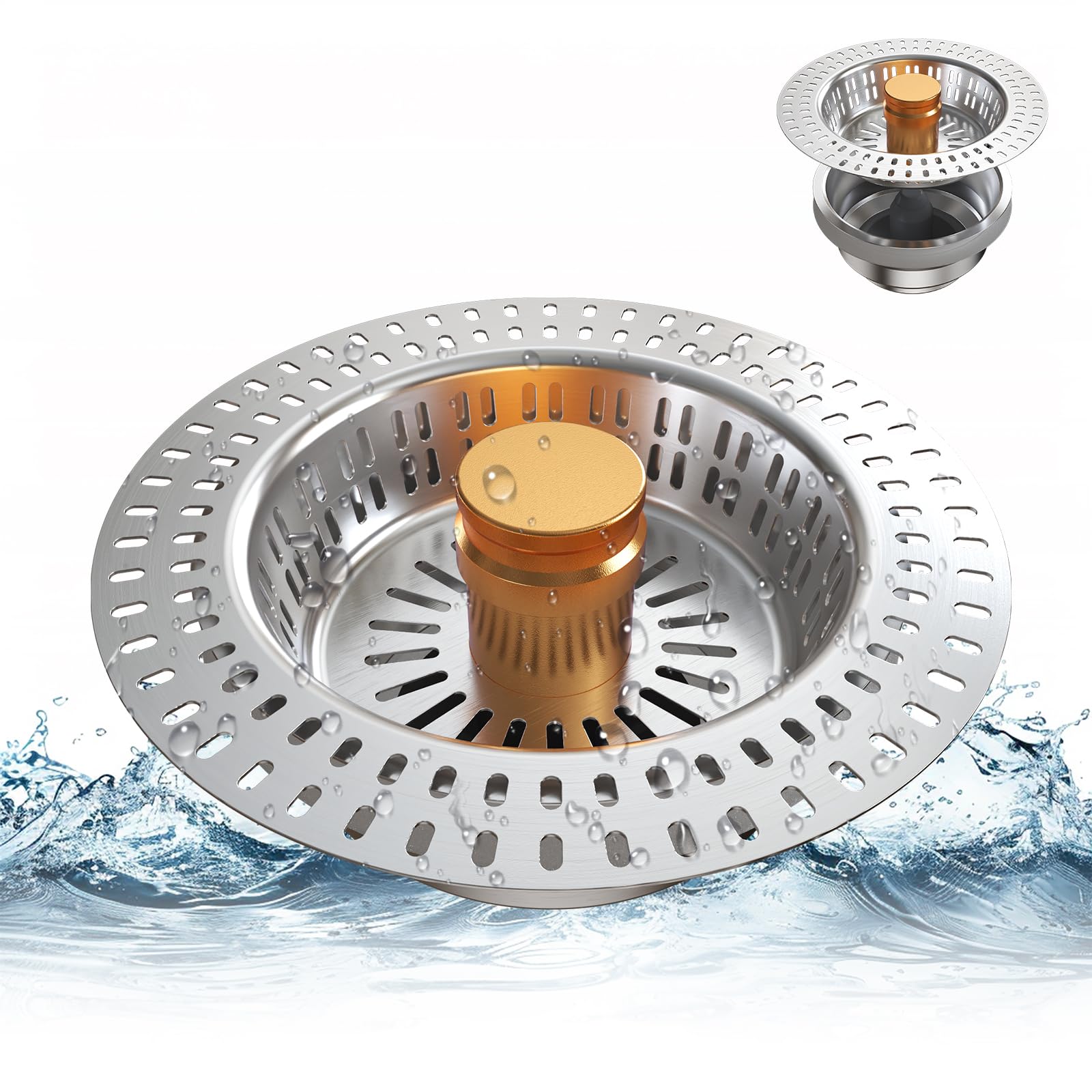 Photo 1 of Tecfino Upgraded 3 in 1 Kitchen Sink Drain Strainer and Sink Stopper, Stainless Pop Up Anti-Clogging Sink Food Catcher Basket, Fast Drainage Odor Filter Sink Plug for US Standard 3-1/2" Drain - Gold