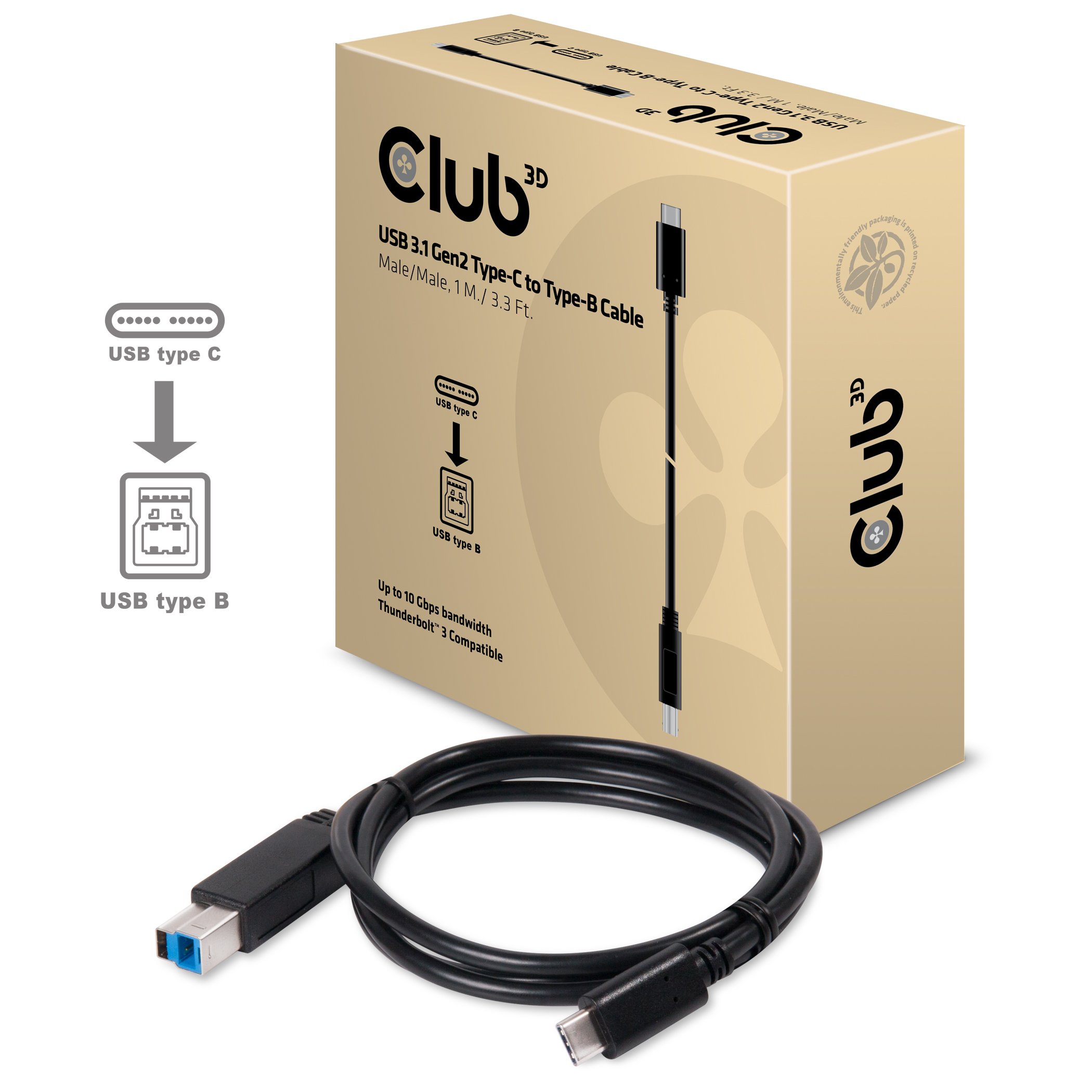 Club 3D CAC-1524 USB 3.1 G2 Type-C Male to Type-B Male Cable 1 m Black โ image 1