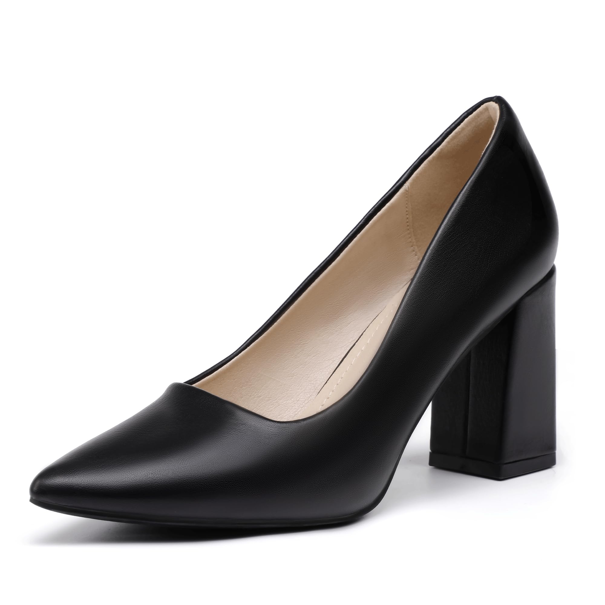Photo 1 of IDIFU IN3 Black Closed Toe Heels for Women High Heels Women's Pumps Chunky Block Heels Pointed Toe Dress Shoes for Women Dressy Fashion Work Office Comfortable Thick Heels Pumps Shoes(Black Pu, 6)