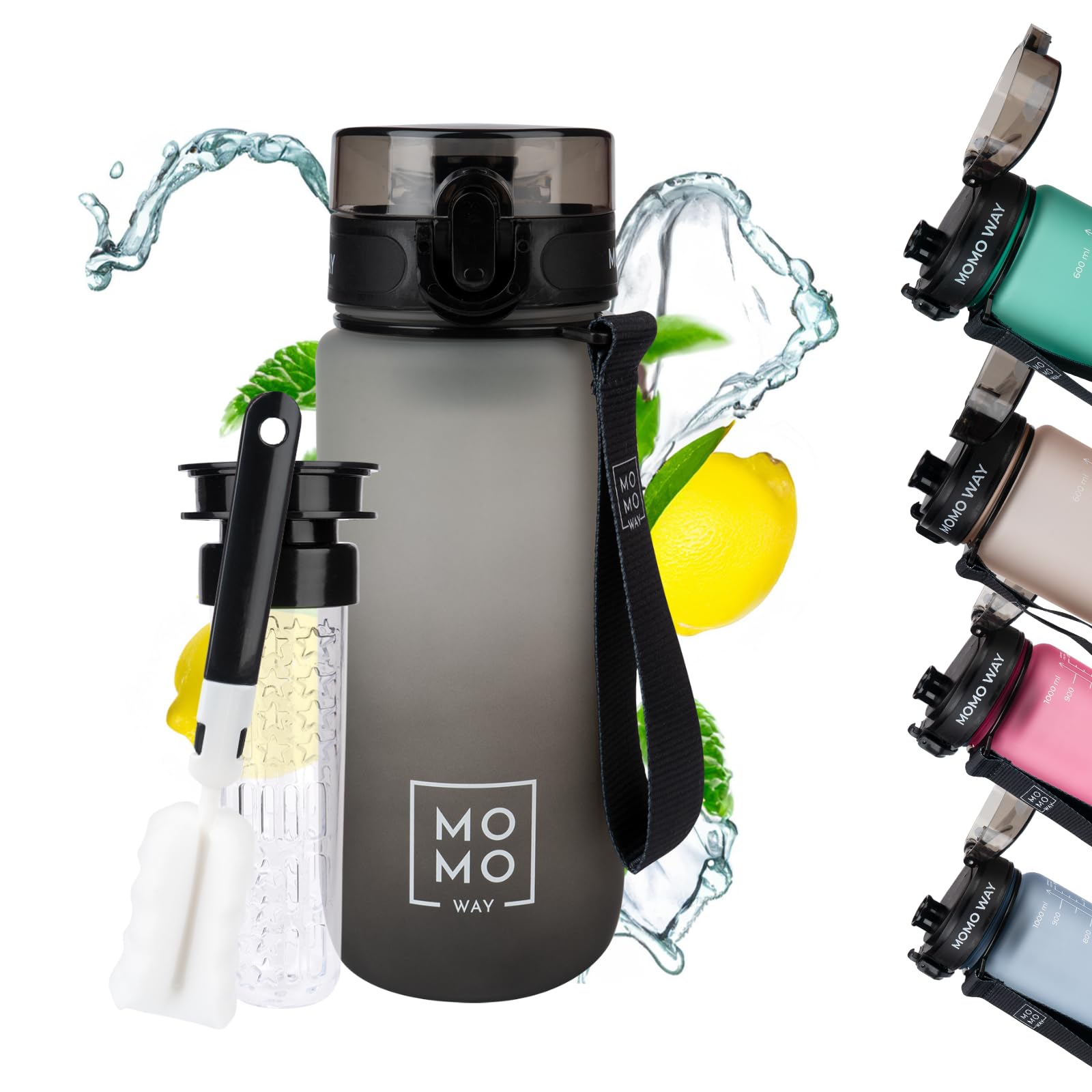 MOMO WAY Drinking Bottle Tritan Water Bottle BPA Free Reusable for School Sports Fitness Gym Easy Closure Gift for Men Women and Children Gray Black 600ml