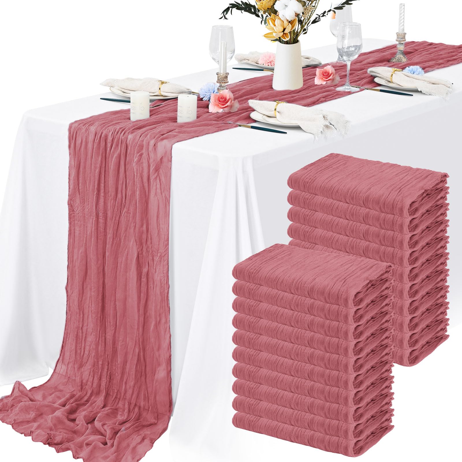 Photo 1 of 20 Packs Cheesecloth Table Runner 10FT Long Boho Gauze Fabric Table Runner Vintage Rustic Sheer Runners for Wedding Party Bridal Baby Shower Table Decorations (Dusty Rose )