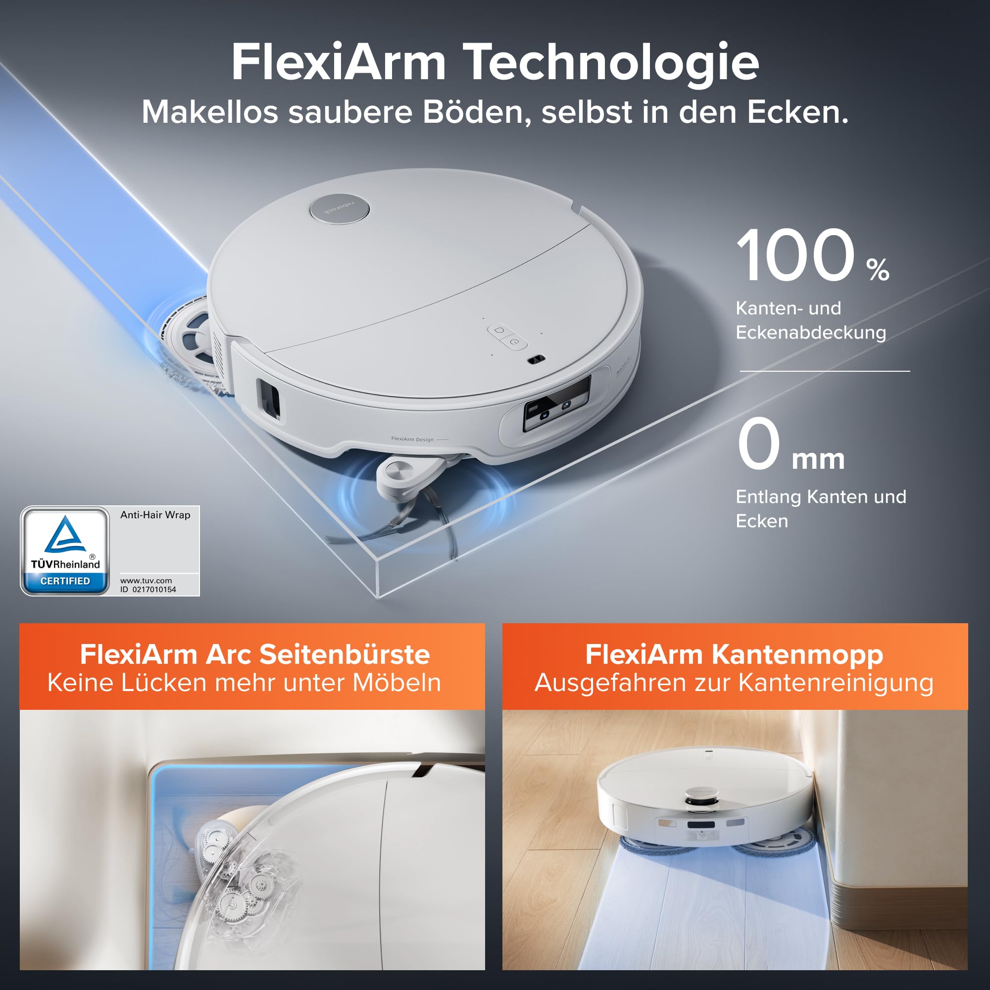 roborock Qrevo EdgeT Saugroboter mit Wischfunktion, Dual Anti-Tangle-System, 18.500Pa, 7,98cm Ultra-Slim Design, FlexiArm Technologie, 75℃ Heißwasser-Moppwäsche, Integrierter Sprachassistent (Weiß) 3