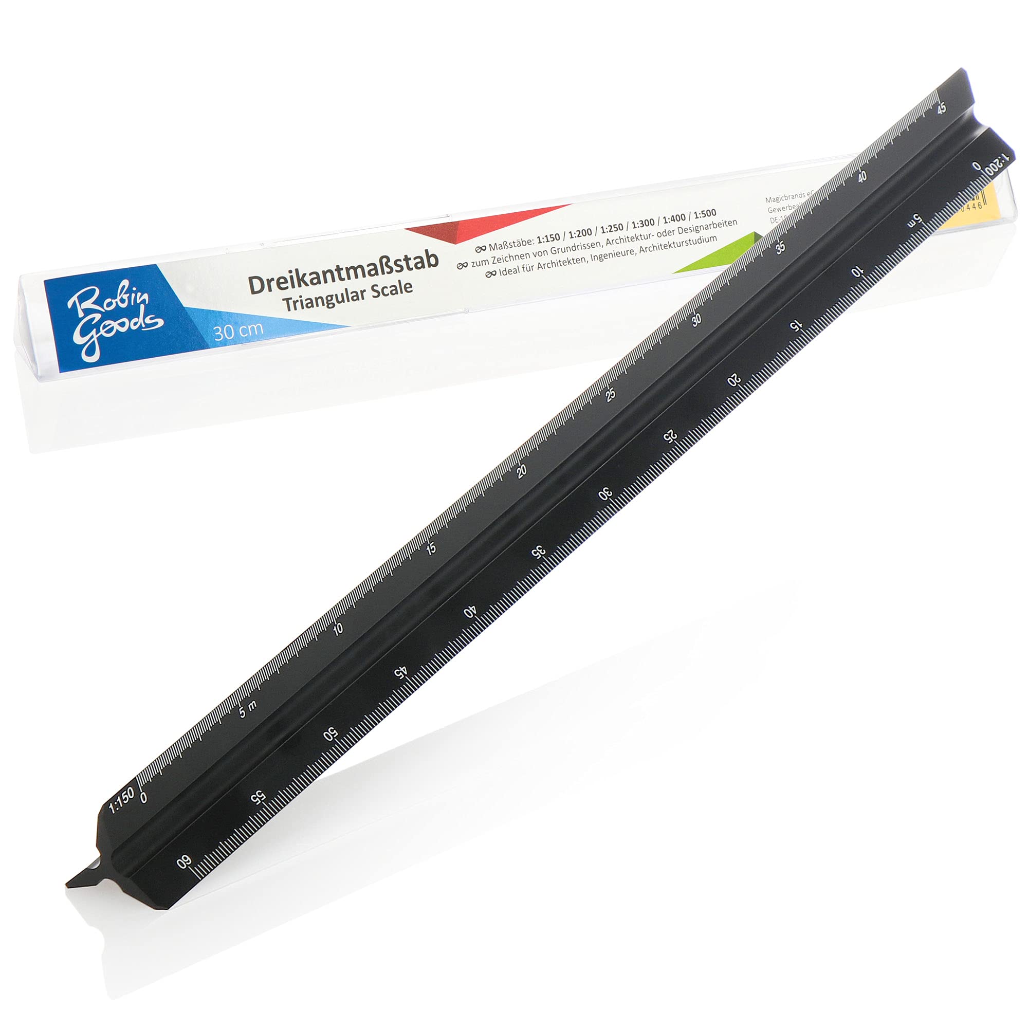 Robin Goods® Aluminium Triangular Ruler - Architect Ruler for Construction Drawings - Drawing Ruler for Architects, Draughtsmen, Engineers, Students - 32cm (Black - Scale Small)