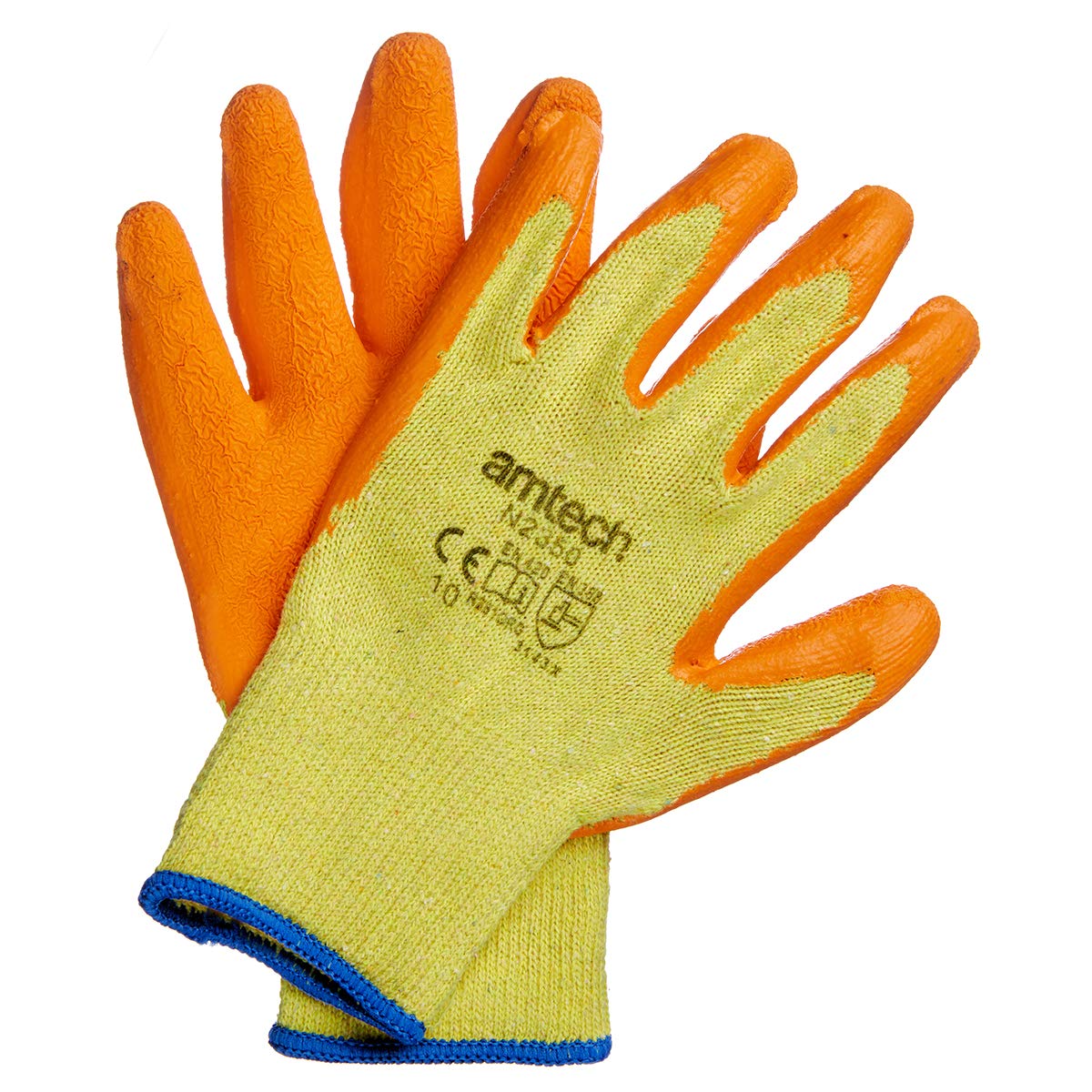 Amtech N2350 Rubber Palm Coated Builders Gloves XL (Size 10), Certified Quality for Heavy Duty Tasks, Yellow/Orange