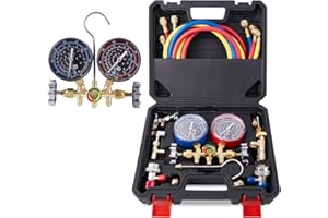 Wisscool HVAC A2L Manifold Gauge Set, R454B R410A R32 R22 Refrigerant AC Gauges with 5FT Hose Adapters AC Quick Couplers
