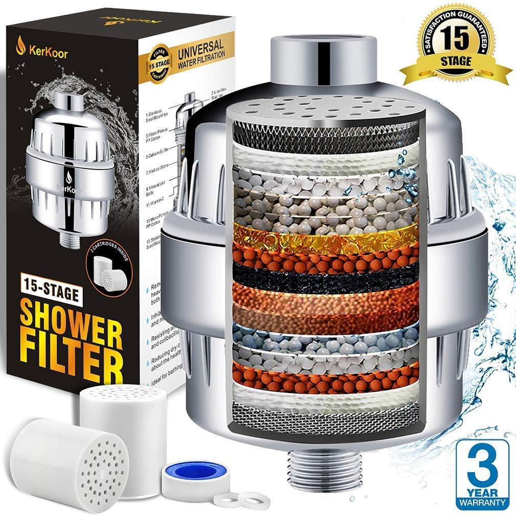 Shower Head Filter for Hard Water with New Coconut Shell Activated Carbon Technology- 15-stage Showerhead Water Filters Best Removes Chlorine and Chloride-with Vitamin C and High Output