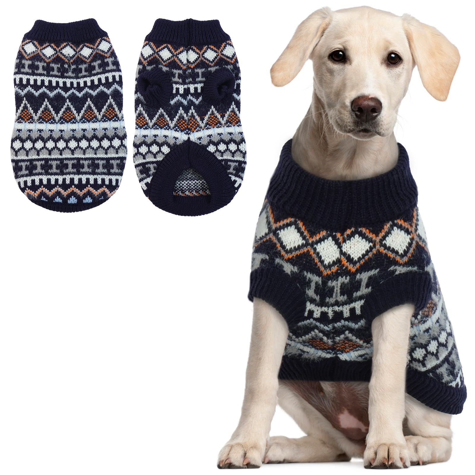Hjumarayan Dog Jumper - Boho Dog Jumpers Small Medium Large, Knitted Christmas Sweater with Harness Hole, Thick Warm Winter Clothes for French Bulldog, Cocker Spaniel, Dark-Blue XL