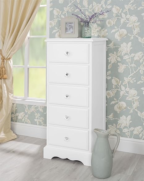 Romance True White 5 Drawer Narrow Chest Of Drawer French White