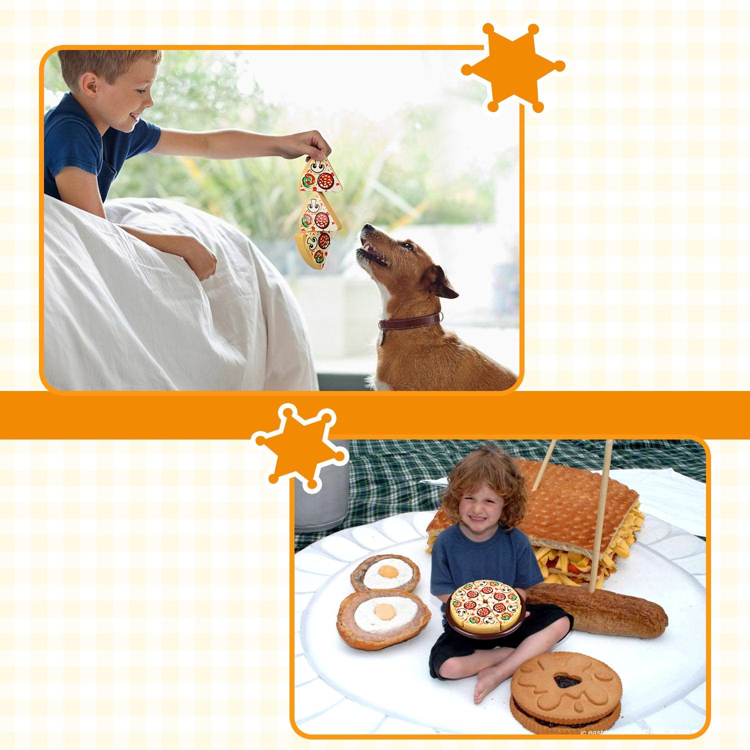 Play Pizza Party Toy Set for Kids Cutting Magnetic Tinplate Food Pretend Play Game with Child Size Slice Cutter and Kerchief by Peradix