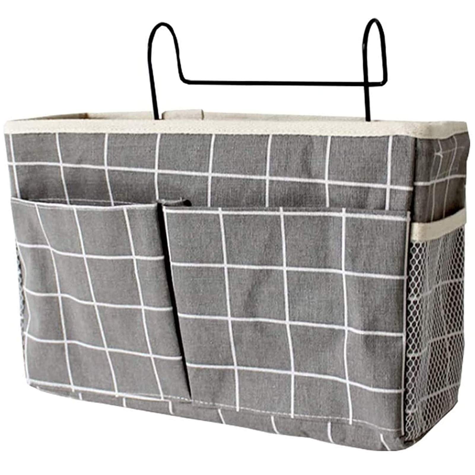 Bedside Hanging Storage Basket Multi-Function Organizer Caddy for Headboards Bunk Beds Hospital Bed Dorm Rooms (Grey Grid)