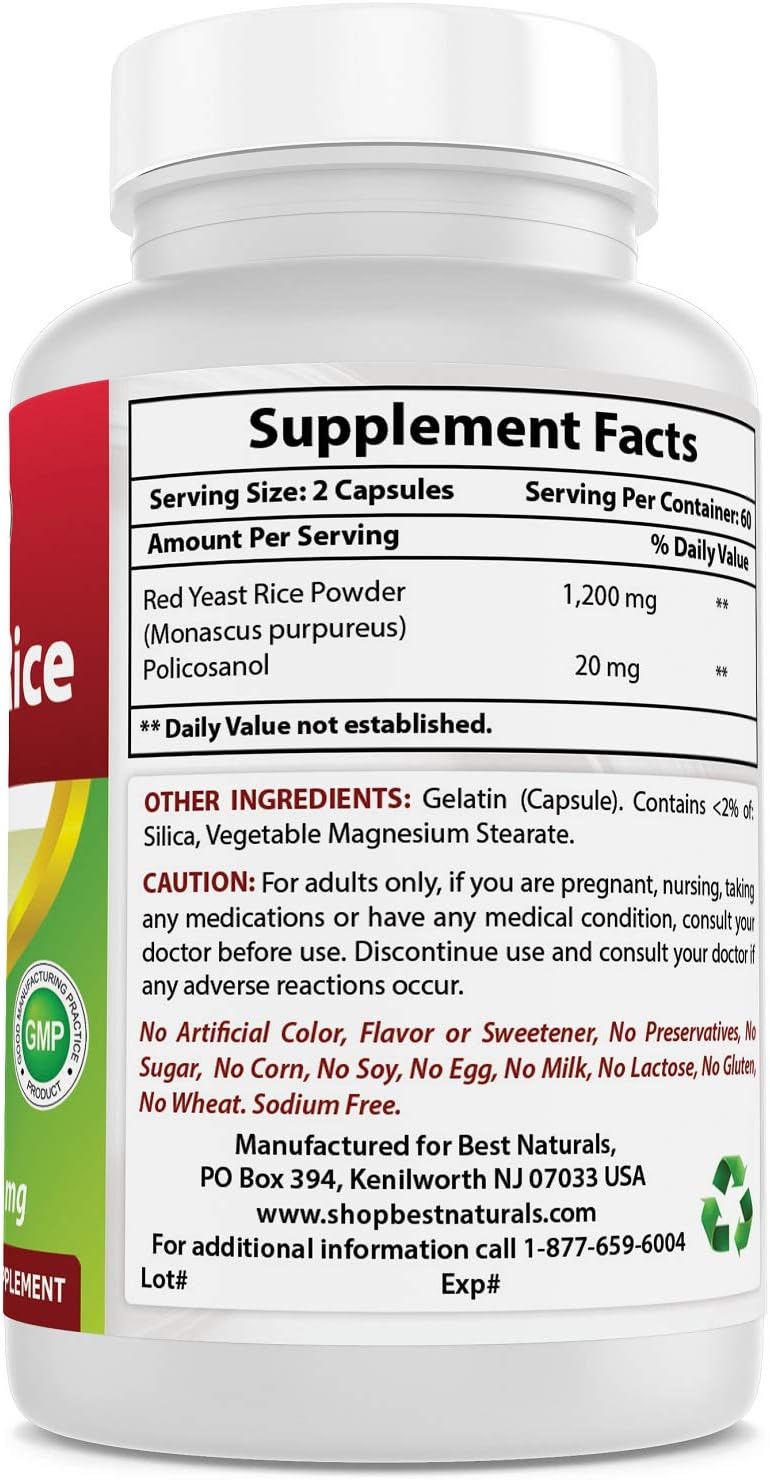 Red Yeast Rice 600 mg with Policosanol 10 mg 120 Capsules by Best Naturals: Health & Personal Care
