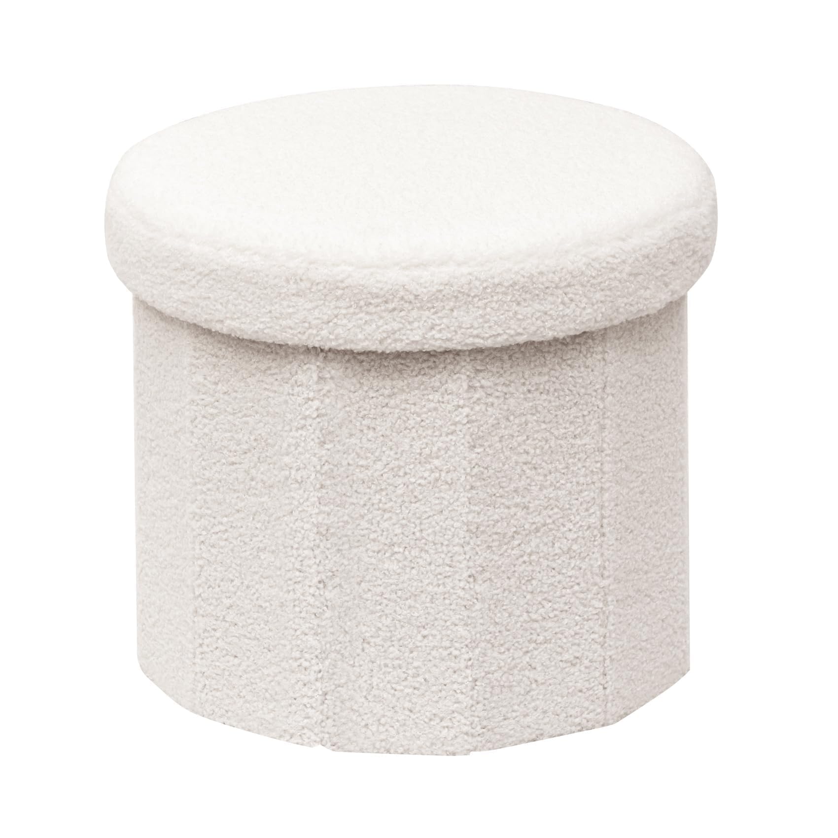 Bonlife White Boucle Ottoman with Storage,Foldable Footstool for living room,Toy Chest,Storage Seat Teddy Round Shape Footrest,38X38X33.5cm