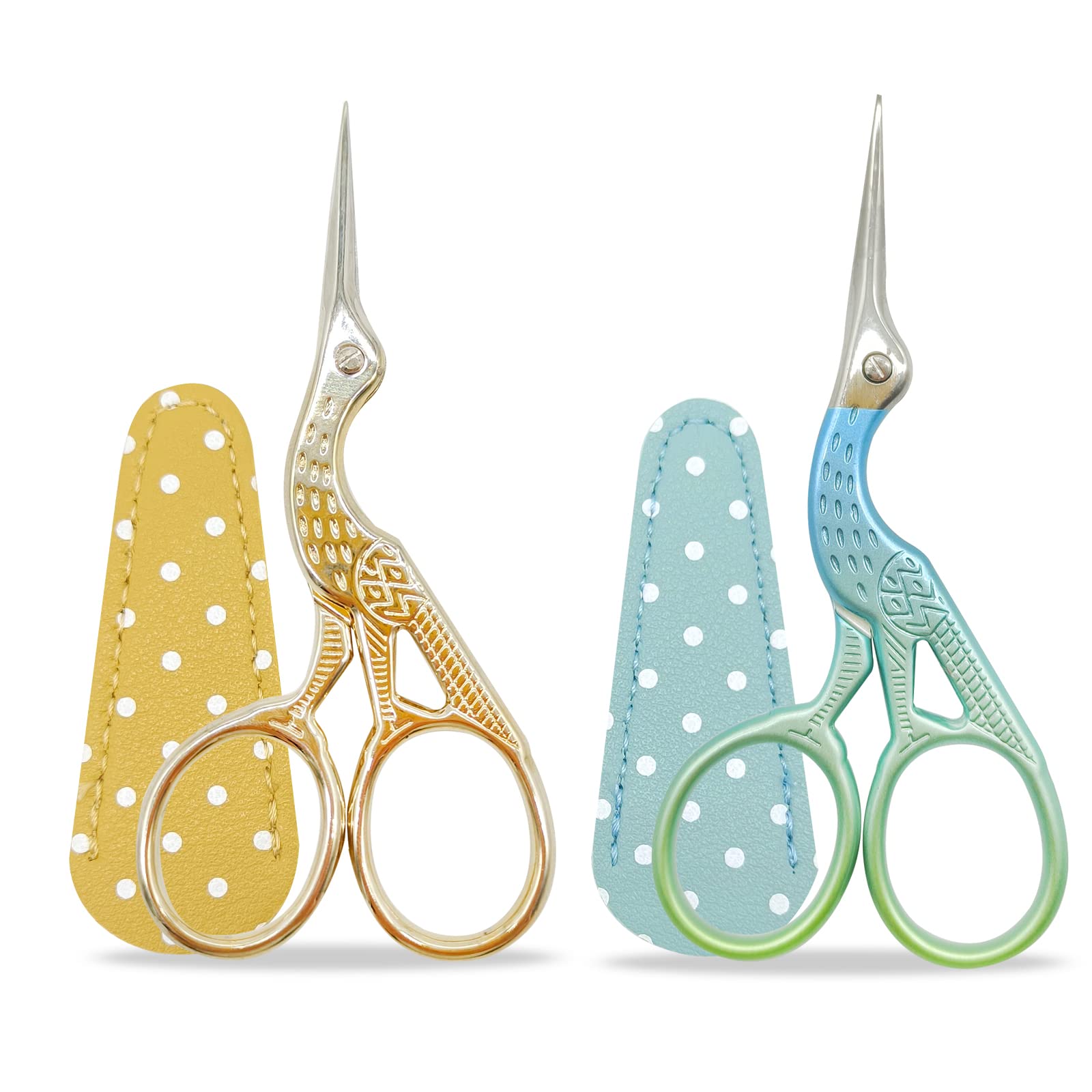 Sewing Scissors Set of 2, Small Stork Stainless Steel Embroidery Scissors for Craft Needlework Sewing with Fake Leather Cover