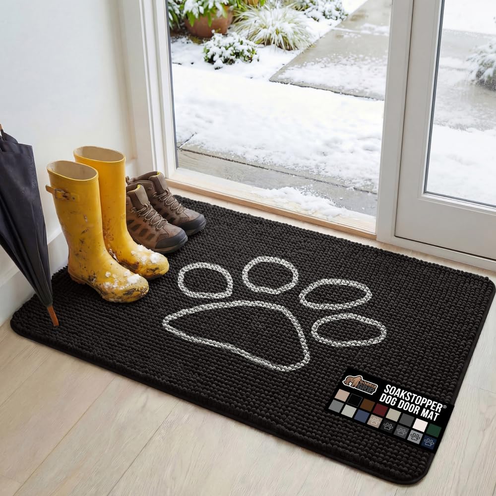 GORILLA GRIP SoakSTOPPER Dog Door Mat, 48x30 Machine Washable Rug Absorbent Doormat Captures Moisture Mud Dirt, Quick Dry Soft Chenille Entryway Rugs Indoor Entrance Mats for Dog Paws, Black White Image
