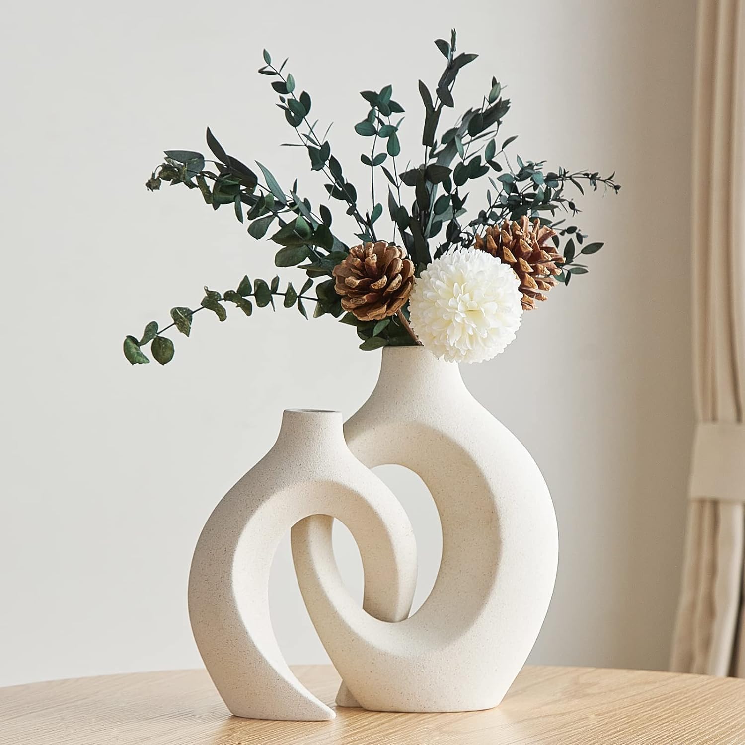 Vzmiza Hollow White Ceramic Vase Set of 2, Decorative Flower Vase for Pampas Grass, Nordic Modern Boho ins Style Donut Vase for Flowers, Home Living Room, Aesthetic Flower Vase for Farmhoue (White) โ image 1
