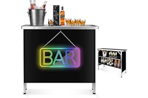 BRILLIHOOD Portable Double Shelves Bar Table with Mirrored Neon Sign - BAR, LED Light Up Sign & Mobile Bartender Station for Events, Outdoor, Patio, Black Skirt and Carry Case Included