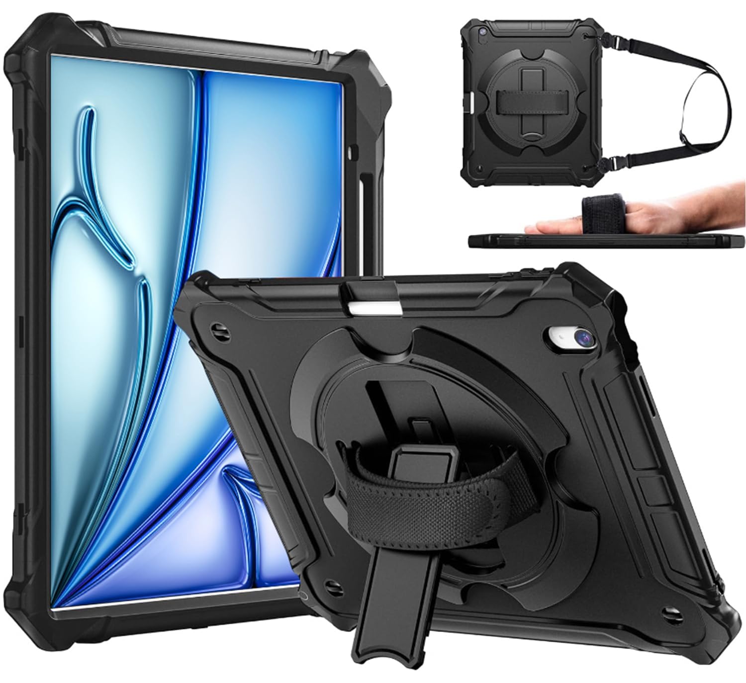 Photo 1 of ZtotopCases for New iPad Air 13 inch Case (M3 2025/M2 2024) with Pencil Holder, Shockproof Full Body Drop Protective Cover with 360° Rotating Hand Strap & Stand, Black