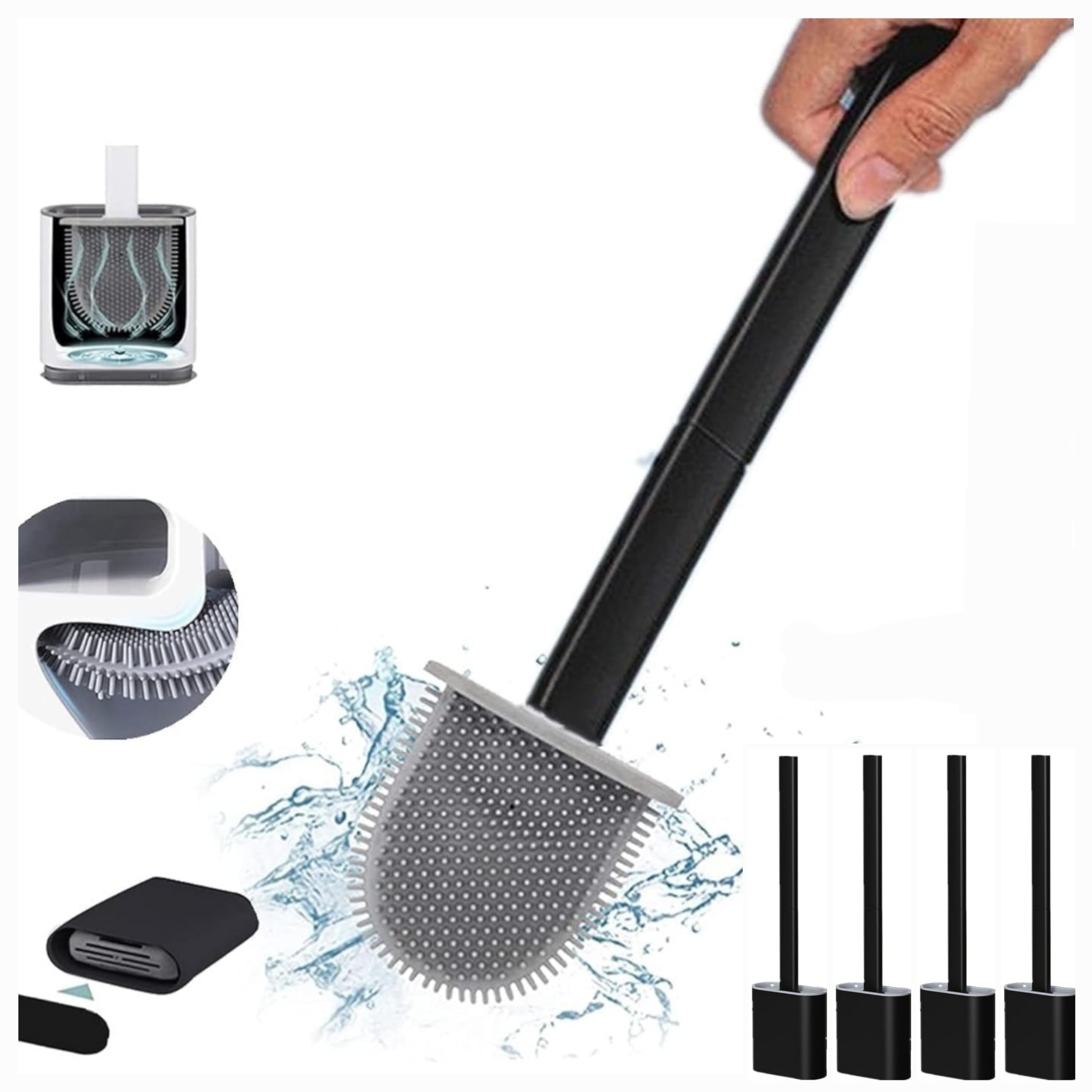 KWIK CLEAN Black 4 pack Deep Clean Silicone Toilet Brush & Quick Dry Anti-drip Holder, Flexible No scratch Bathroom Brush Long Non-Slip Handle for Easy Cleaning, Durable Toilet Brush Set With Holder